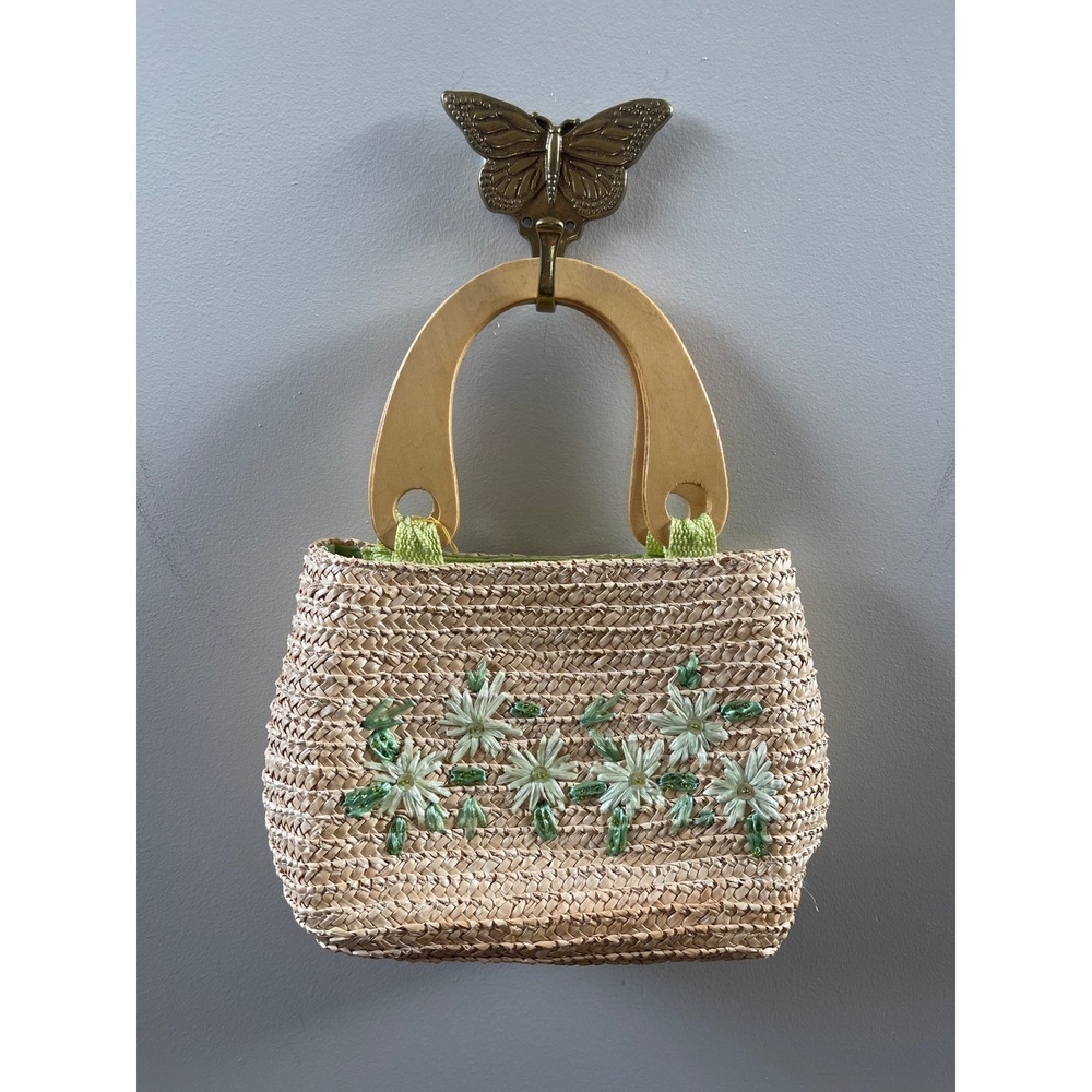 Unbranded Woven Straw Handbag Womens Small Beige Floral Wood Handle